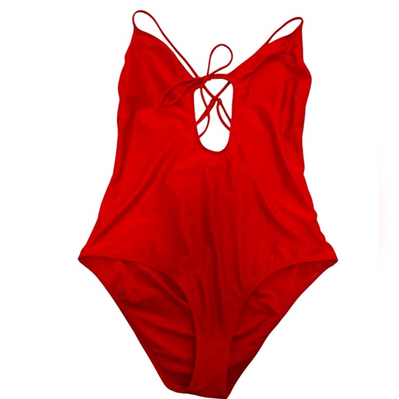 Forever 21 One-Piece Swim Suit Sexy Red Tie Cut Out Adjustable Beach Cutout - Picture 1 of 8